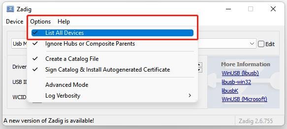 winusb すべてのデバイスを一覧表示する