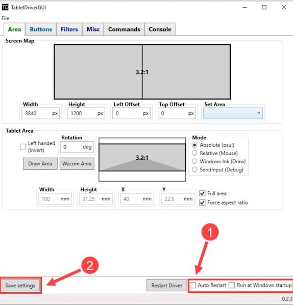 タブレットドライバー GUI 自動再起動のチェックを外す